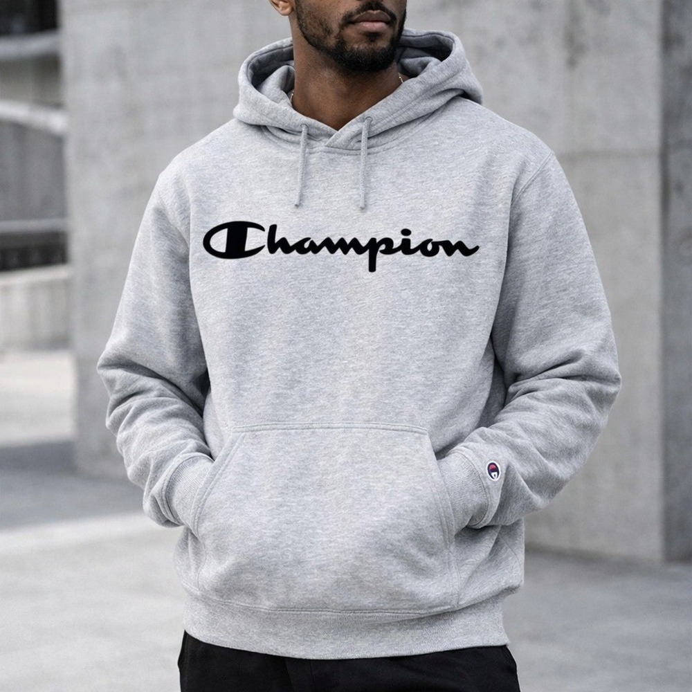 Champion Powerblend Hoodie Mens Large Heather Grey‎ Black Script Logo Fleece